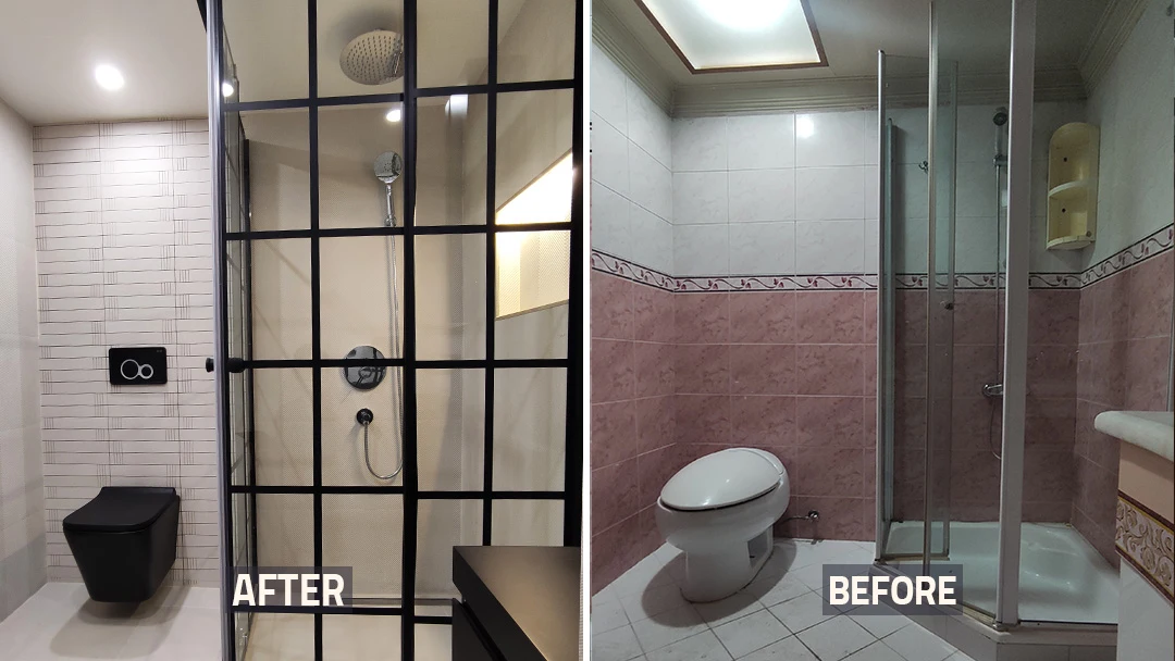 قبل و بعد بازسازی حمام و سرویس بهداشتی قدیمی