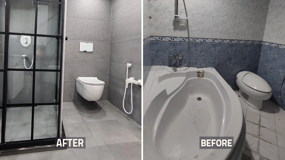 عکس قبل و بعد از بازسازی سرویس حمام قدیمی