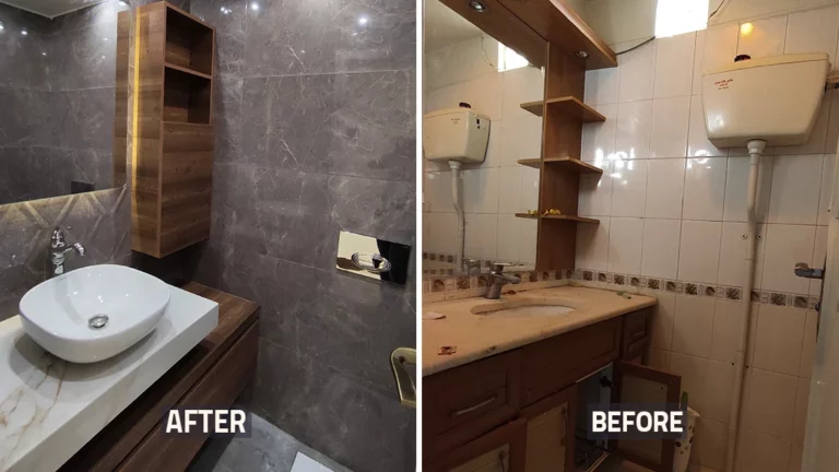 عکس قبل و بعد سرویس بهداشتی و روشویی خانه بازسازی شده