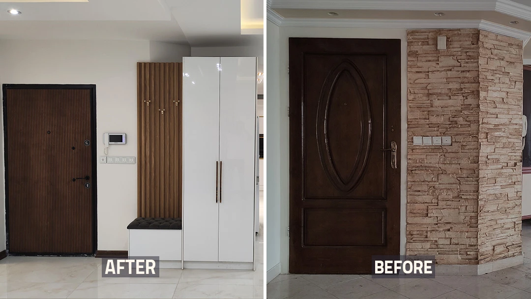 عکس قبل و بعد درب ورودی و جا کفشیه خانه بازسازی شده