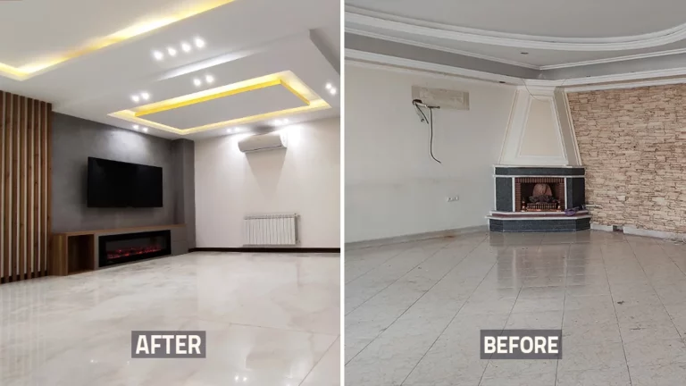 عکس قبل و بعد شومینه و اتاق پذرایی خانه بازسازی شده