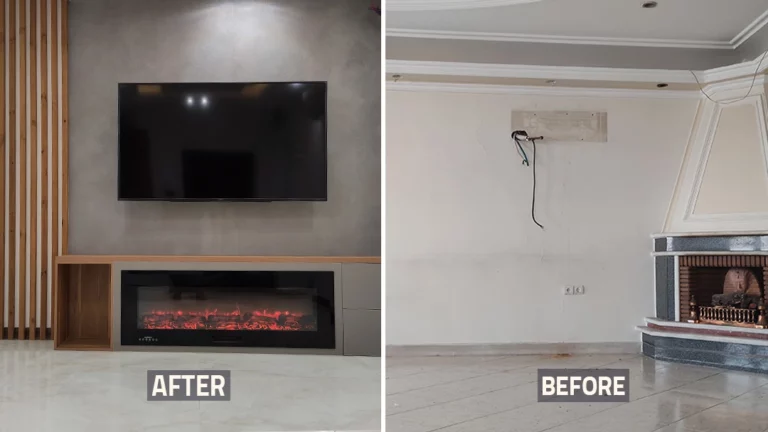 عکس قبل و بعد اتاق تلوزیون خانه بازسازی شده