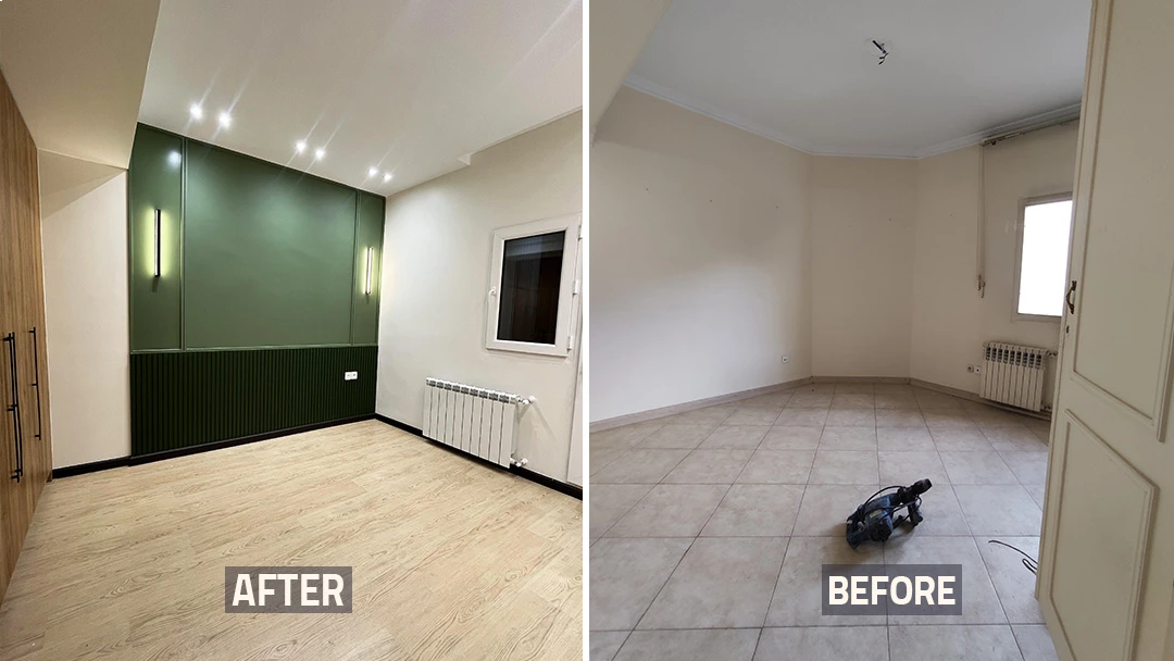عکس قبل و بعد اتاق خواب و دیوار سبز خانه بازسازی شده