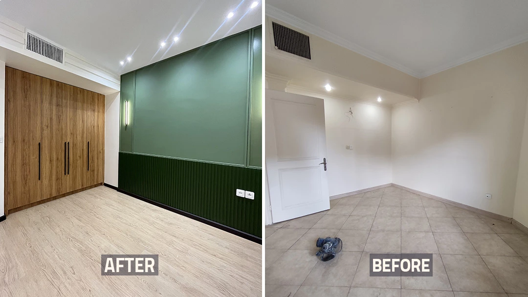عکس قبل و بعد اتاق خواب و دیوار سبز خانه بازسازی شده