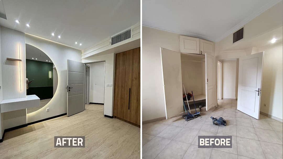عکس قبل و بعد اتاق بزرگ خانه بازسازی شده