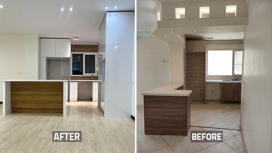 عکس قبل و بعد آشپزخانه و پذیرایی خانه بازسازی شده