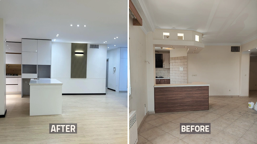 عکس قبل و بعد آشپزخانه و هال خانه بازسازی شده