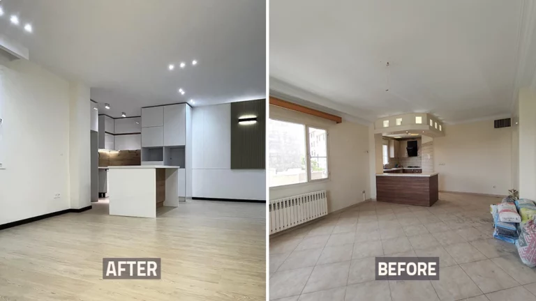 عکس قبل و بعد آشپزخانه و هال خانه بازسازی شده