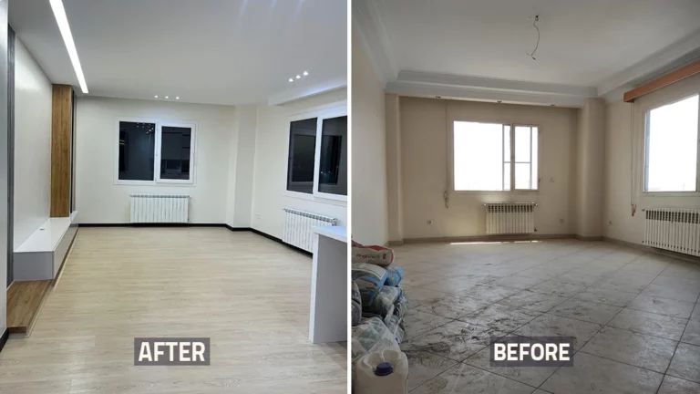 عکس قبل و بعد هال و پذیرایی خانه بازسازی شده