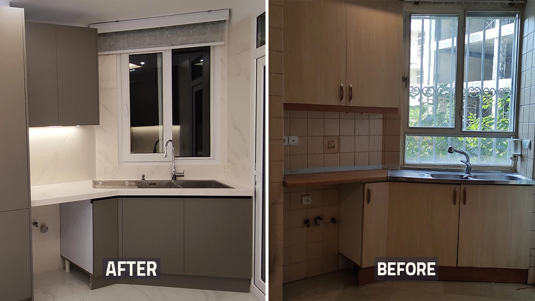 عکس قبل و بعد آشپزخانه و سینک خانه بازسازی شده