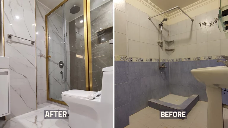 عکس قبل و بعدحمام و توالت فرنگی خانه بازسازی شده