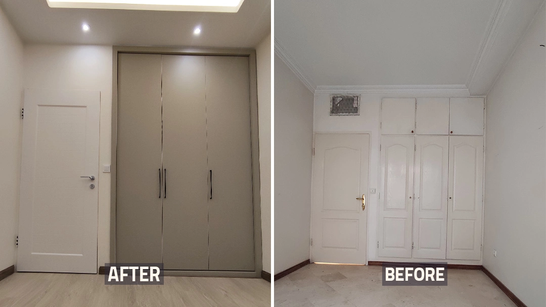 عکس قبل و بعد کمد دیواری اتاق خواب خانه بازسازی شده