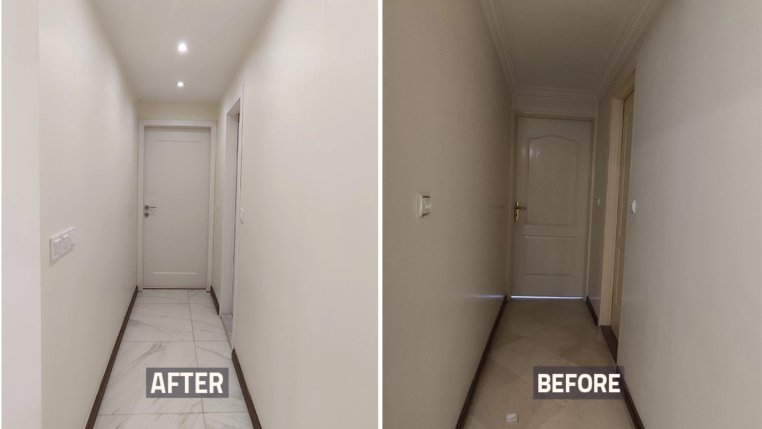 عکس قبل و بعد راهروی اتاق خانه بازسازی شده