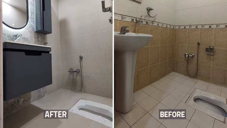 عکس قبل و بعد سرویس بهداشتی و دستشویی خانه بازسازی شده