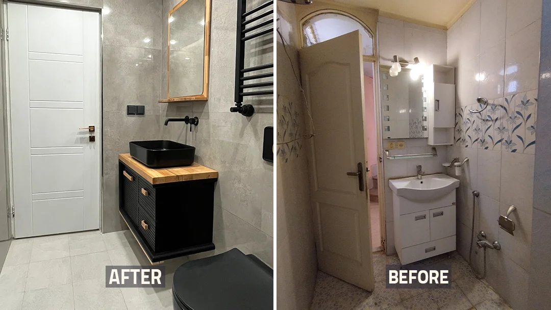 عکس قبل و بعد روشویی و سرویس بهداشتی خانه بازسازی شده