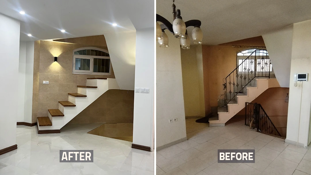عکس قبل و بعد راه پله و پاگرد خانه بازسازی شده