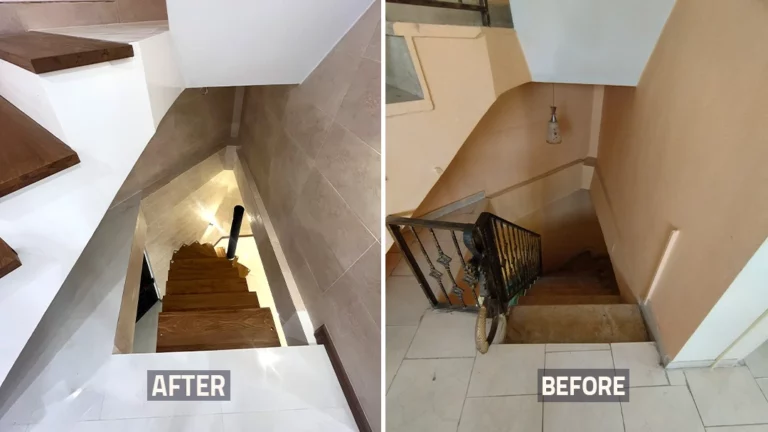 عکس قبل و بعد راه پله زیرزمین خانه بازسازی شده