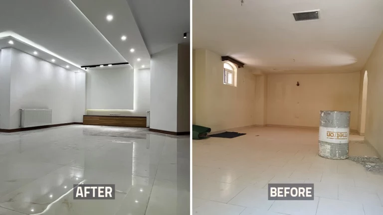 عکس قبل و بعد اتاق پذیرایی خانه بازسازی شده