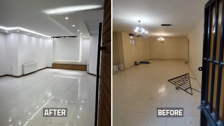 عکس قبل و بعد اتاق پذیرایی خانه بازسازی شده