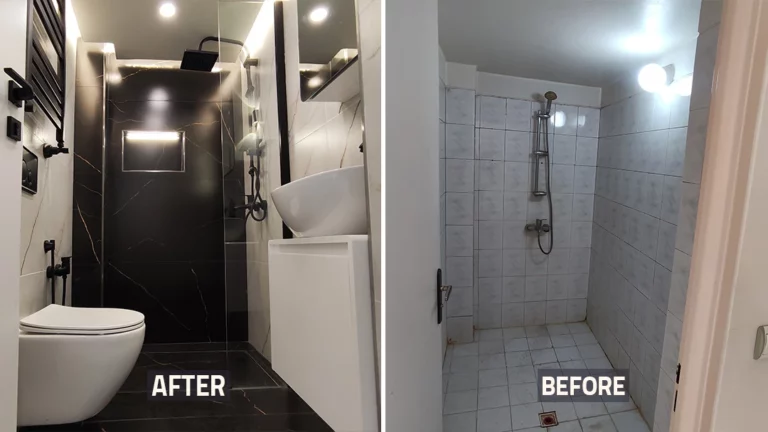 عکس قبل و بعد حمام و روشویی و توالت فرنگی خانه بازسازی شده