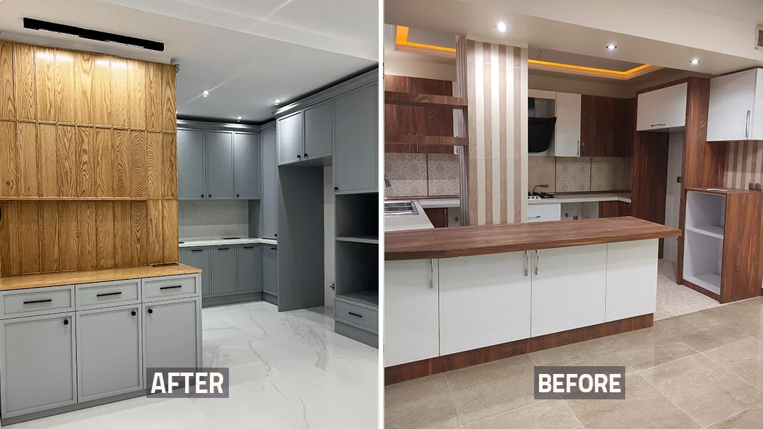 عکس قبل و بعد آشپزخانه و کابینت و کانتر خانه بازسازی شده
