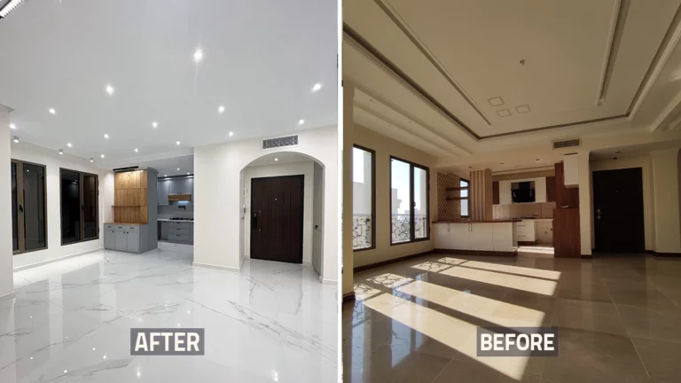 عکس قبل و بعد اتاق پذیرایی و بالکن و تراس خانه بازسازی شده