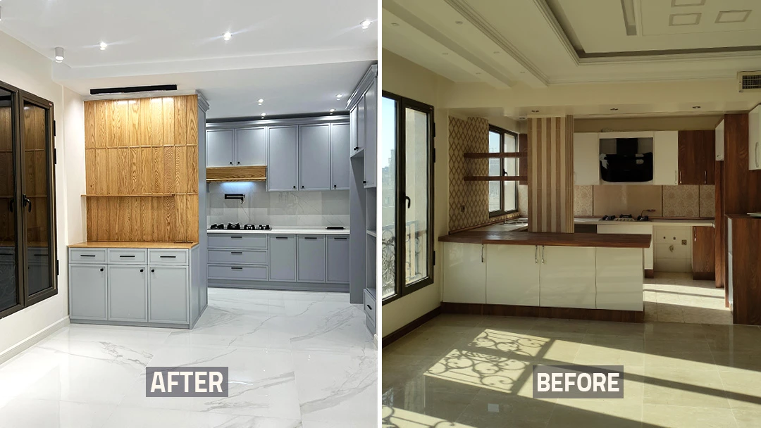 عکس قبل و بعد آشپزخانه و کابینت و پنجره خانه بازسازی شده