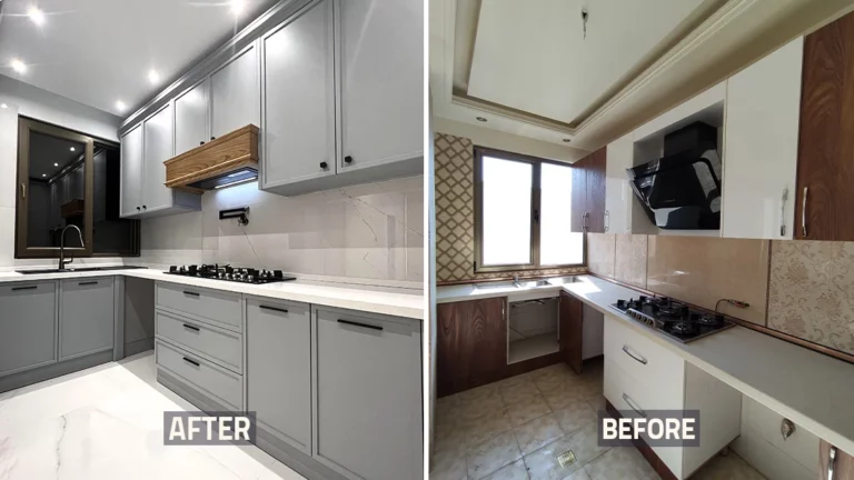 عکس قبل و بعد آشپزخانه و کابینت و کانتر خانه بازسازی شده