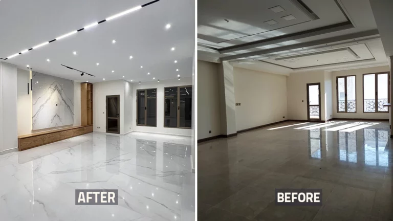 عکس قبل و بعد اتاق تلوزیون و پنجره خانه بازسازی شده