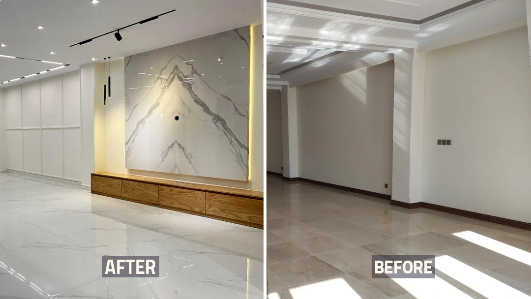 عکس قبل و بعد اتاق تلوزیون خانه بازسازی شده