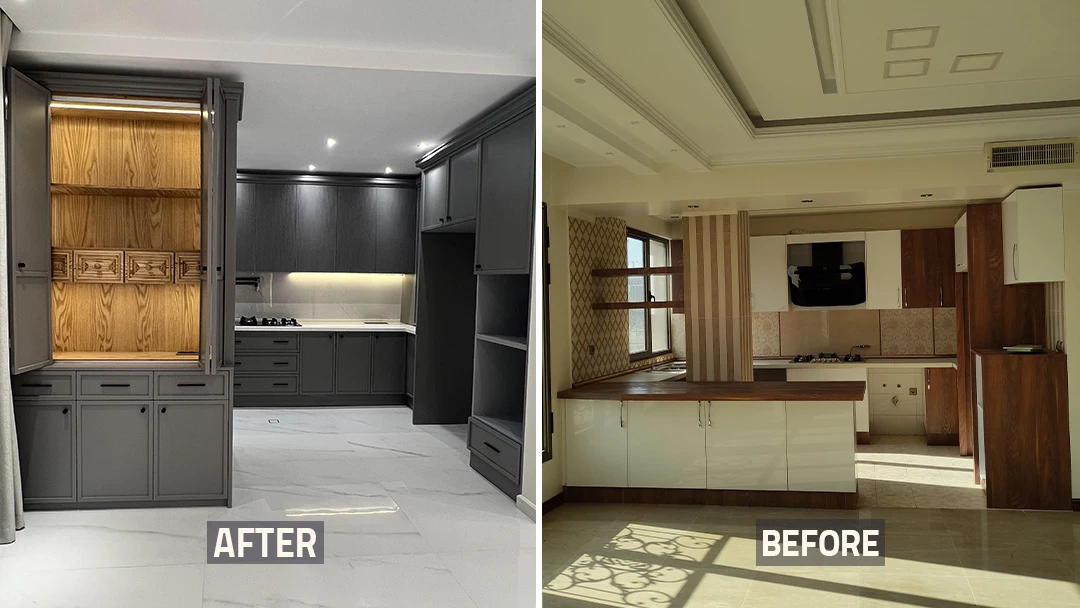 عکس قبل و بعد آشپزخانه و کابینت خانه بازسازی شده