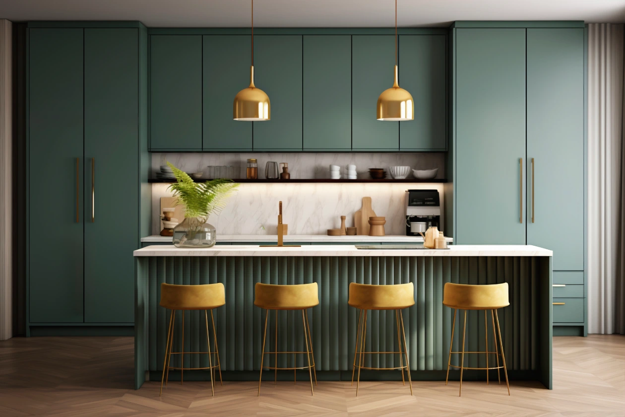 دکوراسیون آشپزخانه کوچک با کابینت سبز یشمی