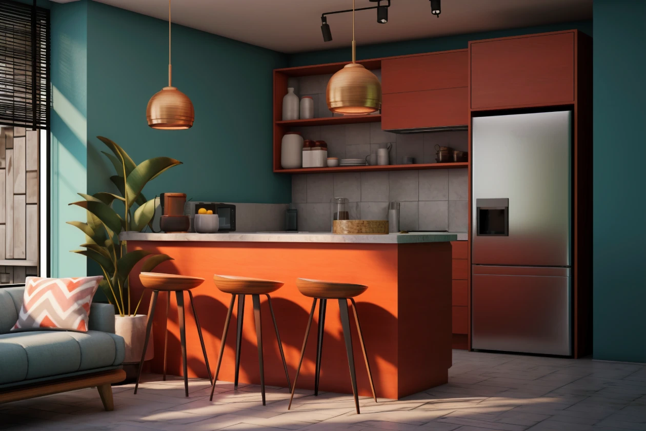 دکوراسیون آشپزخانه کوچک مدرن با کابینت نارنجی