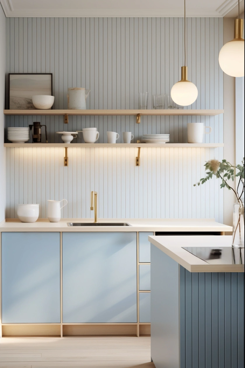 دکوراسیون آشپزخانه کوچک با کابینت آبی روشن
