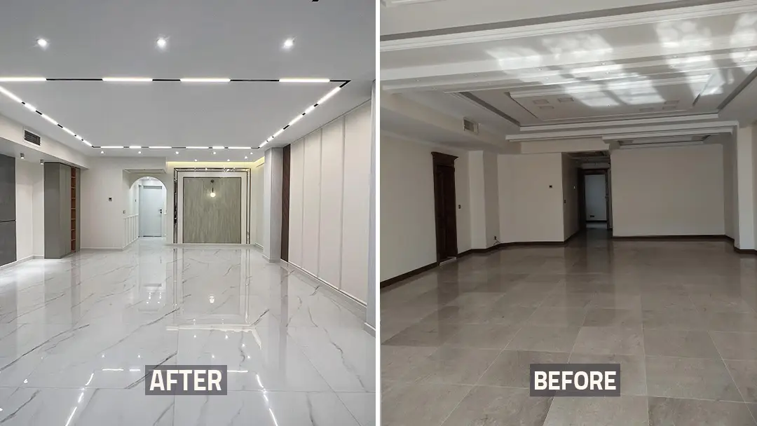 قبل و بعد از بازسازی اتاق نشیمن در منطقه شمال تهران