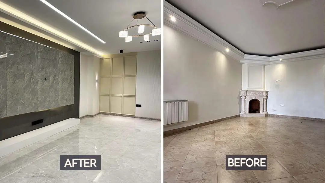 قبل و بعد از بازسازی اتاق نشیمن در شمال تهران