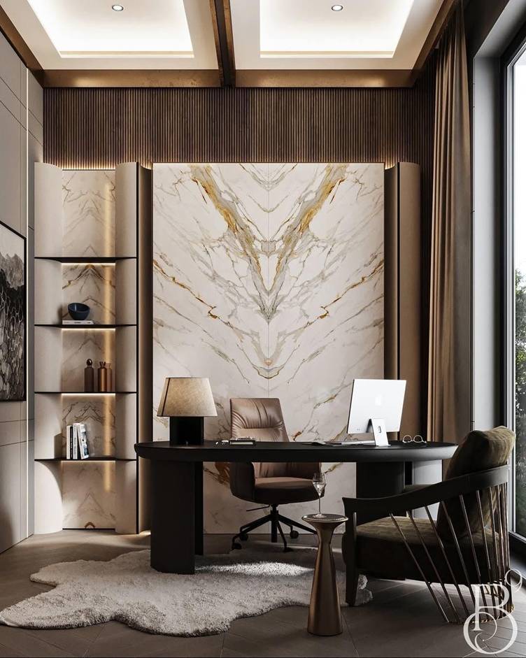 طراحی دفتر وکالت مدرن رسمی با چوب و سنگ اسلب