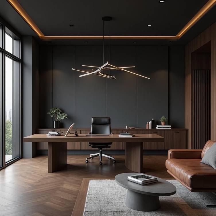 طراحی دفتر وکالت مدرن رسمی با متریال چوب تیره