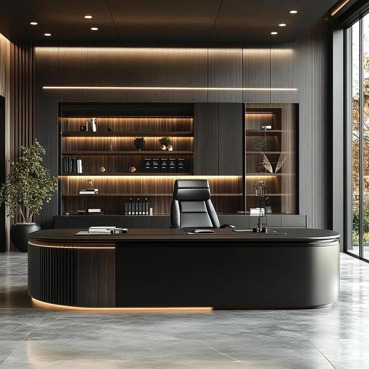 طراحی دفتر وکالت مدرن مینیمال با کتابخانه حقوقی