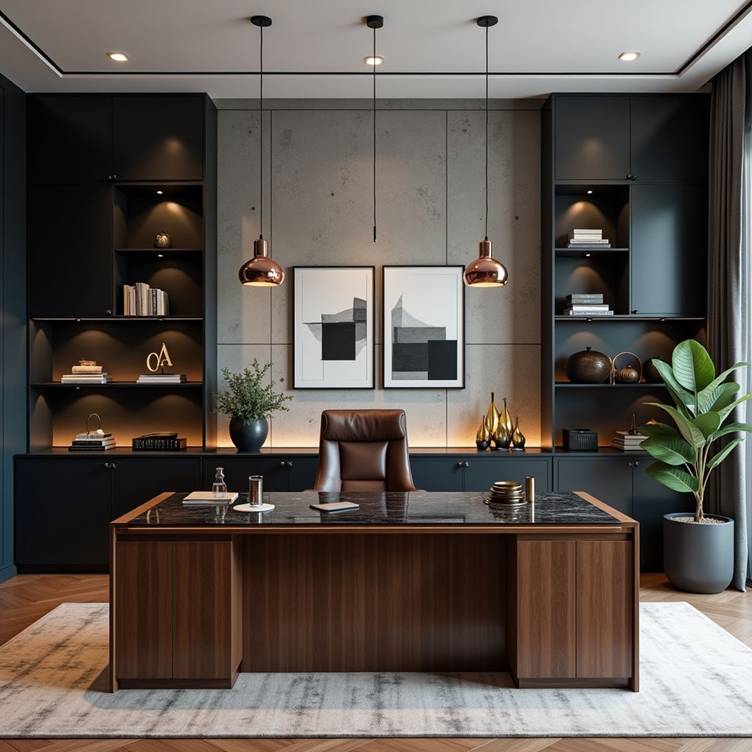 طراحی دفتر وکالت مدرن رسمی با تمرکز بر اقتدار و نظم