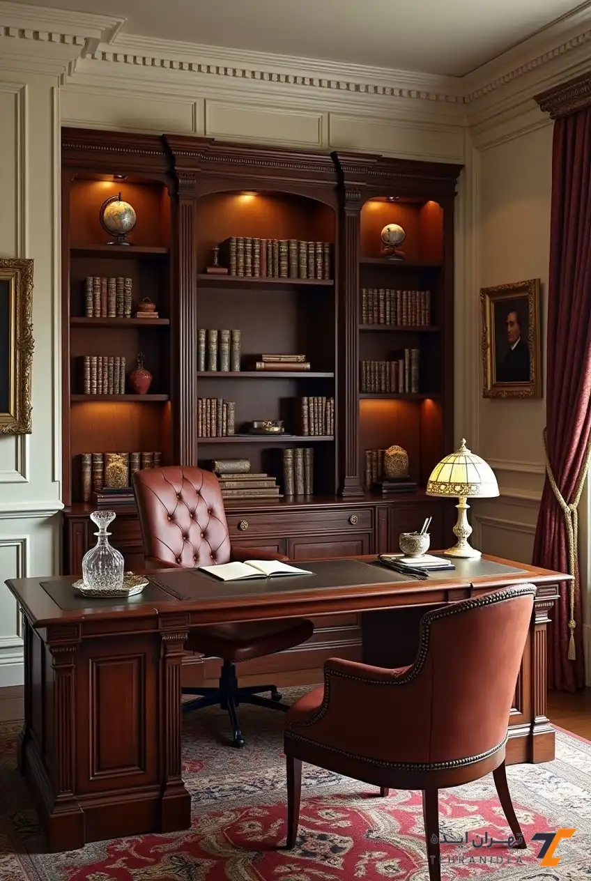 دکوراسیون دفتر وکالت کلاسیک با چوب طبیعی و نور مخفی