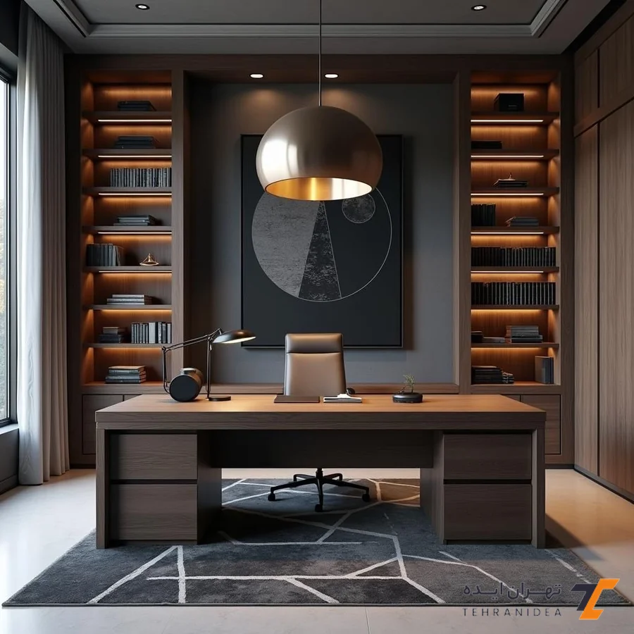 طراحی دفتر وکالت کوچک لاکچری با کتابخانه دوطرفه