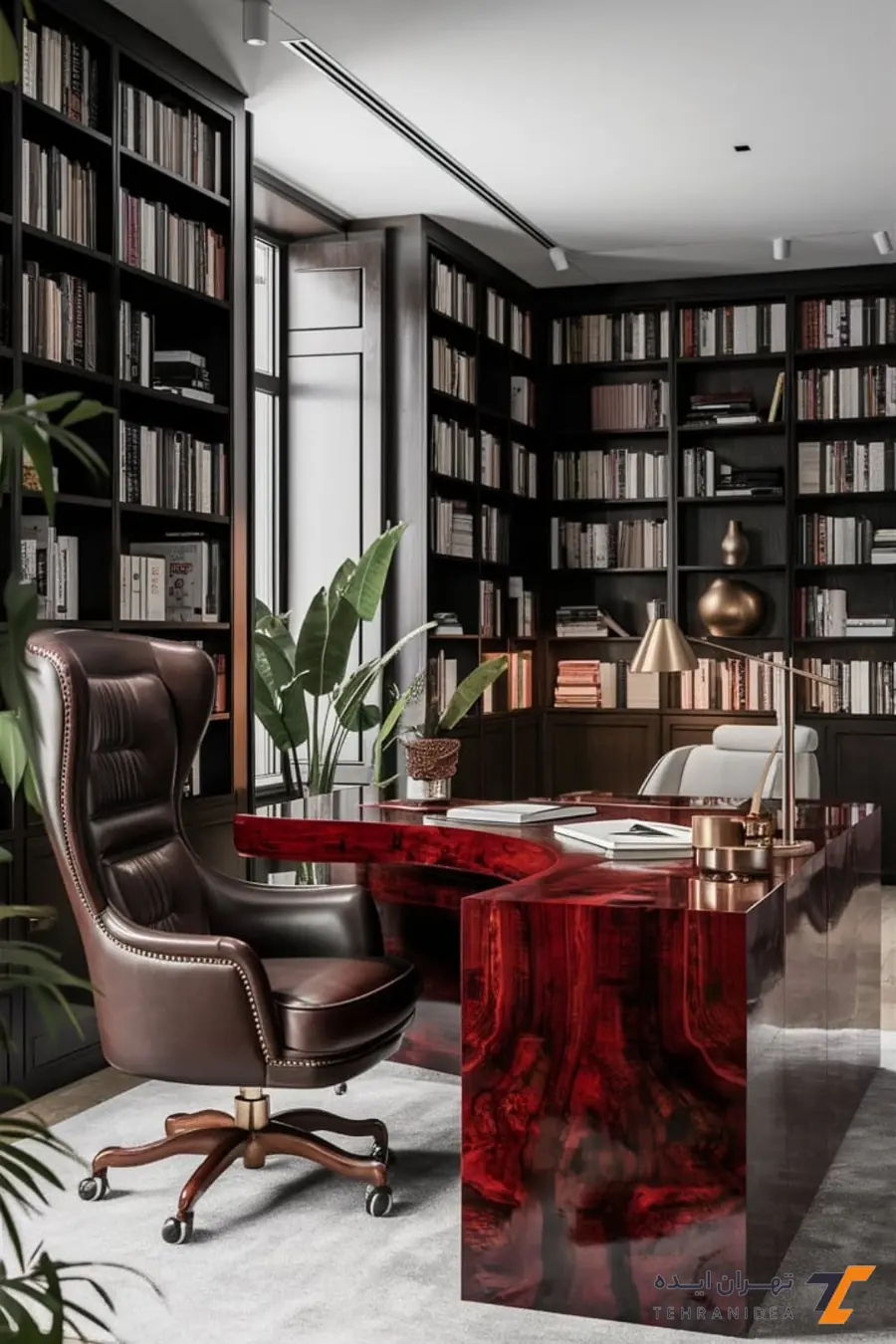 دفتر وکالت لاکچری با کتابخانه سرتاسری و متریال تیره