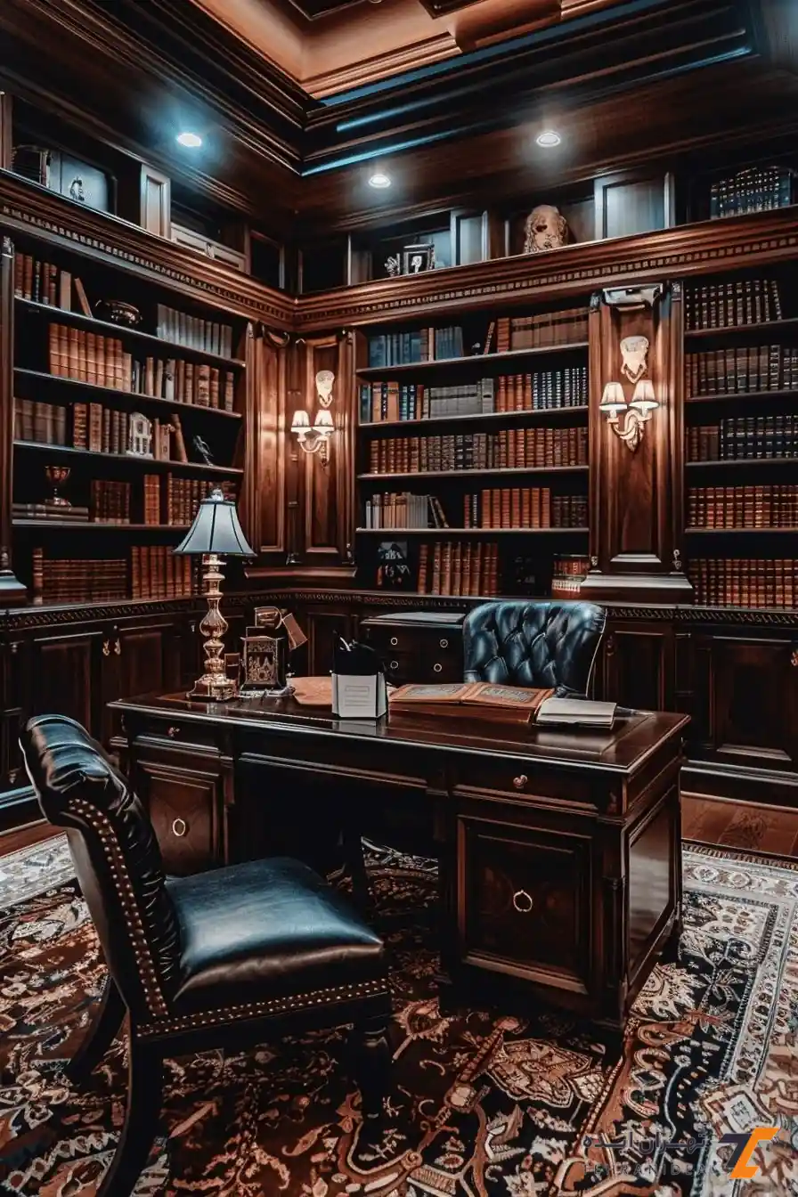 نورپردازی حرفه‌ای دفتر وکالت کلاسیک با چراغ‌های دیواری و سقفی
