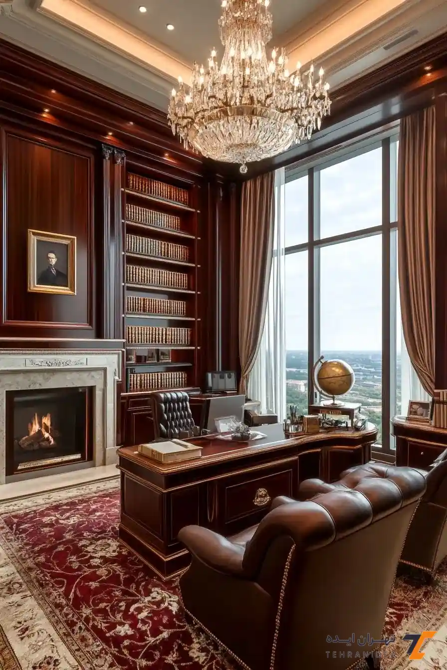 دکوراسیون دفتر وکالت لاکچری با شومینه و لوستر