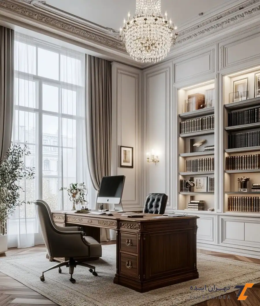 دفتر وکالت کلاسیک با لوستر کریستالی و سقف گچبری