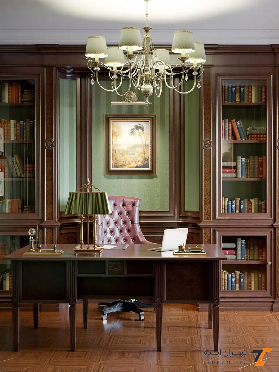 طراحی دفتر وکالت کلاسیک با رنگ سبز زیتونی و قاب‌بندی طلایی