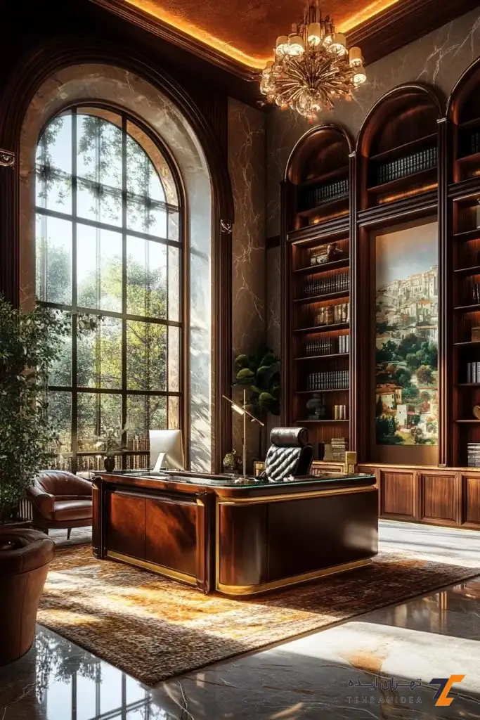 دفتر وکالت لاکچری با قاب‌بندی سنگ و پنجره قدی