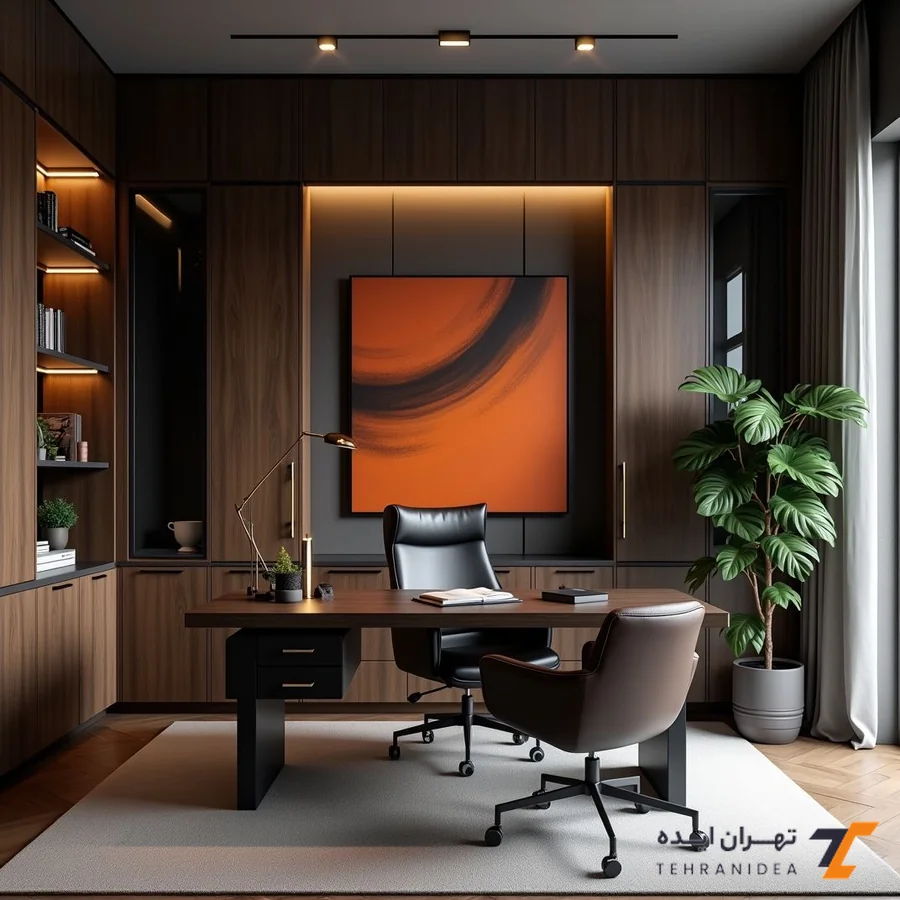 طراحی دفتر وکالت کوچک شیک با عنصر هنری شاخص