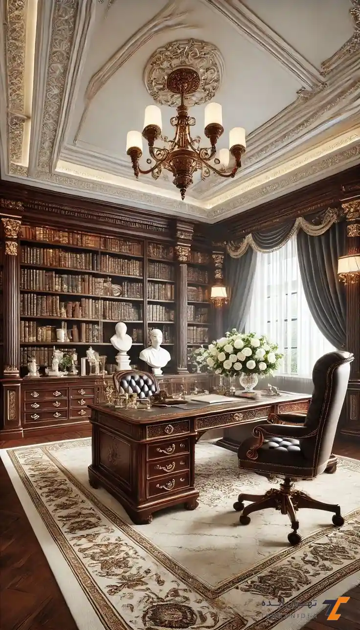 دفتر وکالت لاکچری با چوب منبت‌کاری‌شده و نور گرم